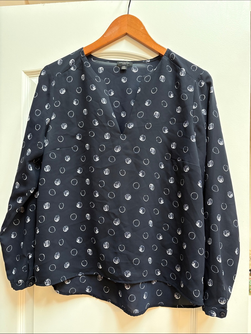 Ann Taylor Navy V-Neck Polka Dot Blouse